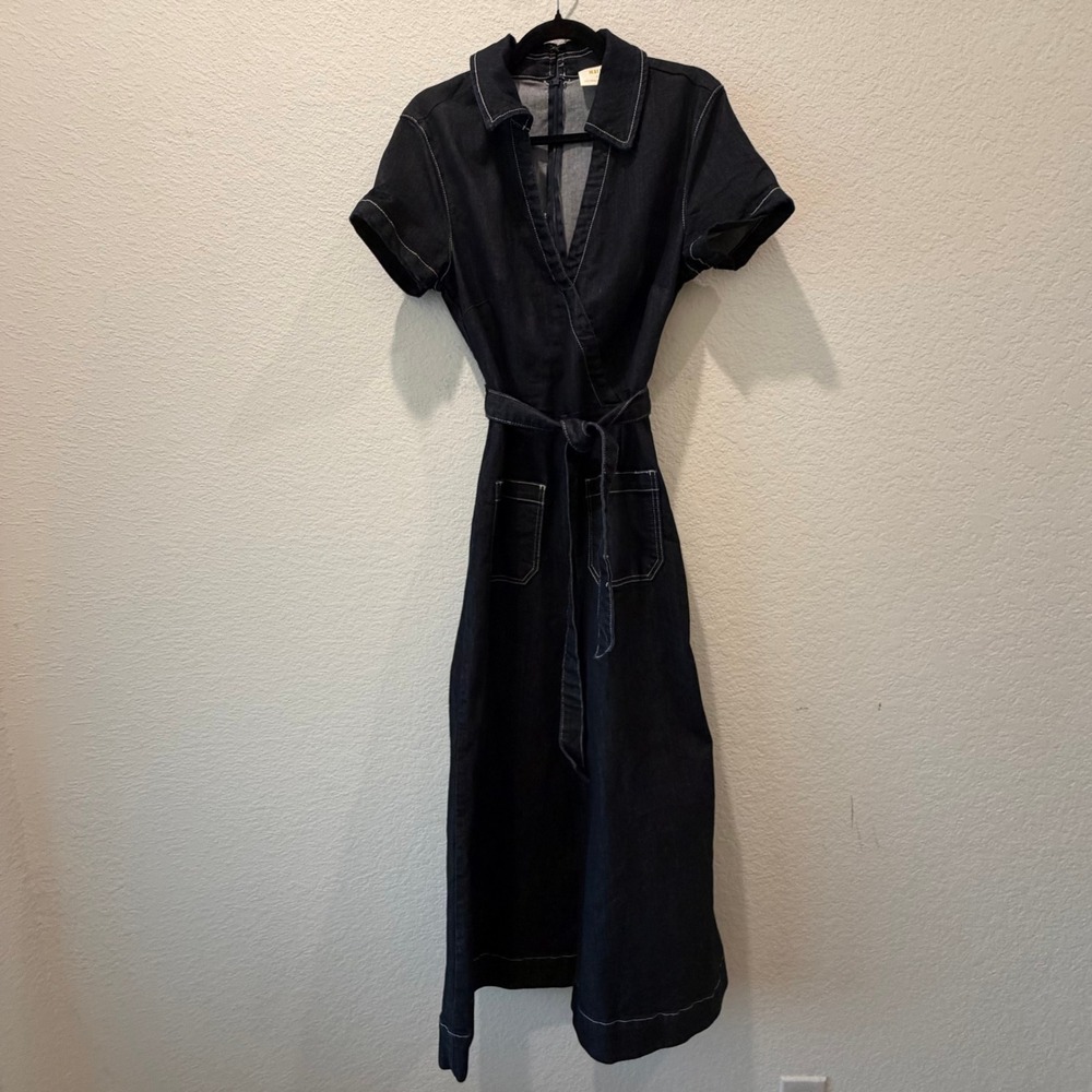 Maeve Anthropologie Denim Wide Leg Jumpsuit Indigo Blue Contrast Stitch Size 12